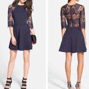 BB Dakota ‘Yale' Fit & Flare Dress Size L Womans Navy Blue Lace Panel 3/4 Sleeve